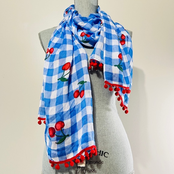 Talbots Accessories - Talbots NWT Scarf Blue & White Gingham Cherry Print Long Scarf